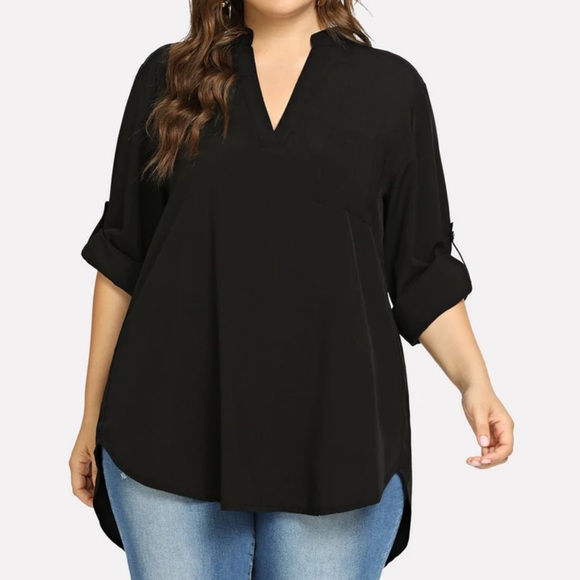 Roll tab long sleeve notched v neck hi low tunic top shirt navy blue boho - Picture 3 of 6